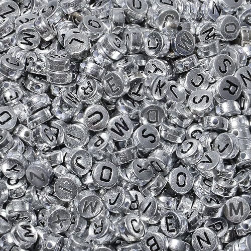 LAIDANLA 1500PCS Acrylic Letter Beads Alphabet Black Letters Silver Round Bead 7×4mm for Jewelry Bracelets Necklaces Key Chains Making - color: L-Black Letter Silver Beads
