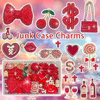 Red Junk Case Charms Kit, Junks Phone Cases With Rhinestone Accessories And Full Diamond Bow Bag Lollipop Cherry Dollar Sign Resin Kits With DIY Phones Decorations