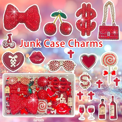 Red Junk Case Charms Kit, Junks Phone Cases With Rhinestone Accessories And Full Diamond Bow Bag Lollipop Cherry Dollar Sign Resin Kits With DIY Phones Decorations