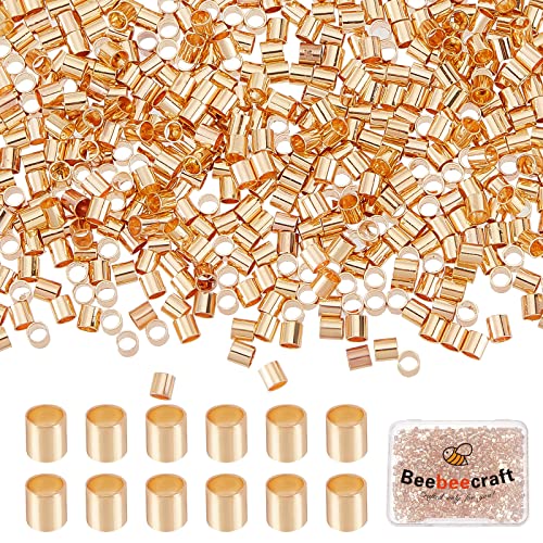 Beebeecraft 1 Box 1000Pcs Crimp Tube Beads 18K Gold Plated Crimping Tube Spacers Cord End Caps 2mm Loose Tiny Stopper Beads for Earring Necklace