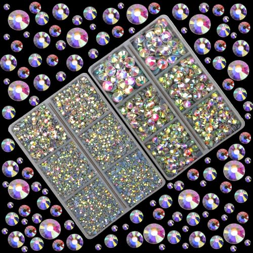 10000Pcs 2-Boxes Mixed Size Hot Fix Round Crystals Gems Glass Stones Hotfix Flat Back Rhinestones with Tweezers and Picking Pencil (Crystal AB) - color: Crystal AB, size: 2-Box (10000pcs)