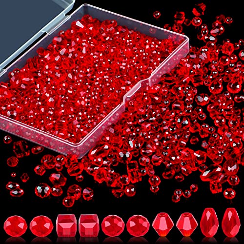 Crystal Beads, 600 Pcs Glass Beads, Assorted Crystal Beads for Jewelry Making, Rondelle Jewelry Beads with Container Box, Glass Beads Bulk for DIY Necklace Bracelet Earring(4/6/8mm, Red Color) - color: Red