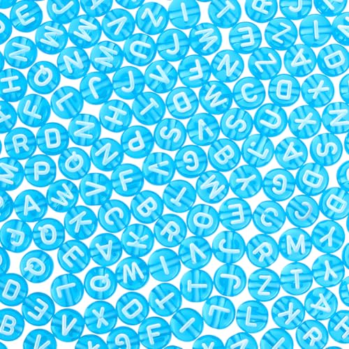 1000Pcs Transparent Letter Beads Acrylic Mixed Alphabet Beads Flat Round Disc Spacer Bead White Alphabet Pattern Loose Bead for Bracelet Jewelry Making DIY Craft 7x4mm Deep Sky Blue - color: Deep Sky Blue
