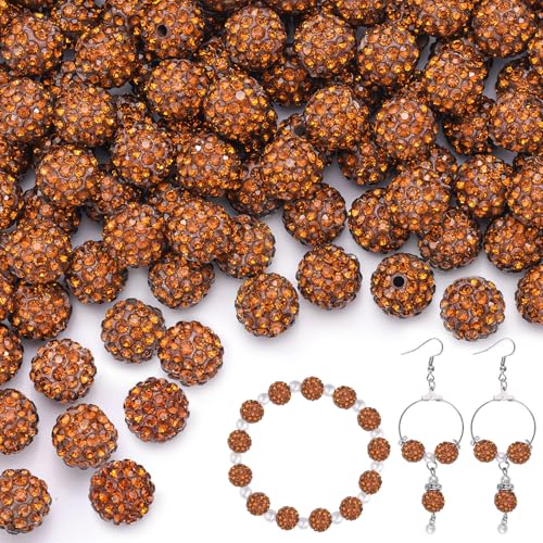 200pcs 10mm Brown Rhinestone Beads for Jewelry Making, Shiny Round Shamballa Disco Ball Beads Bulk, Sparkle Crystal Clay Christmas for Bracelet Baseball Necklace Earring Crafting and DIY - color: Brown, size: 10mm/200pcs