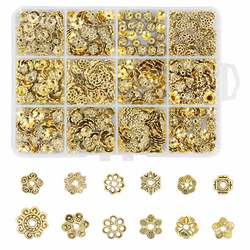 600pcs Gold Beads Caps for Jewelry Making 12 Type Metal Flowe Spacer Beads for Bracelet Necklace Jewelry Making - color: SSB- Style-D