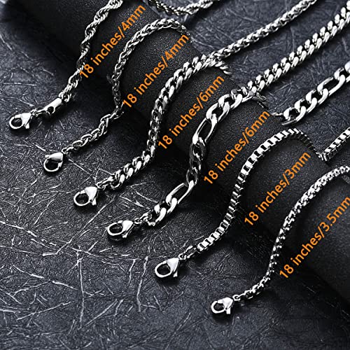 6 Pcs Silver Chains, Stainless Steel Cuban Link/Rope/Box/Figaro/Square Rolo/Wheat Chain Necklace Jewelry Set for Men Women - color: 18 inches