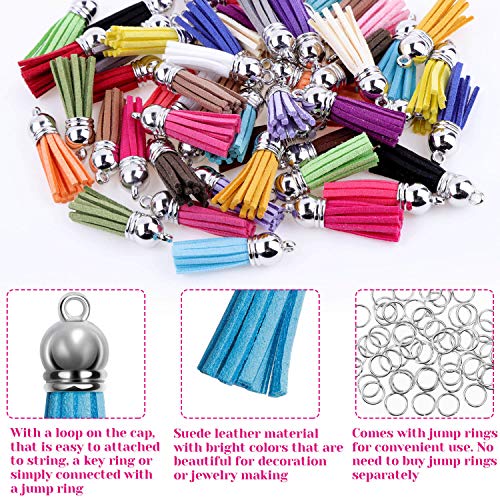 PAXCOO Tassels for Jewelry Making, 50pcs Leather Tassel Keychain Charms Bulk with 50pcs Jump Rings for Bracelets, Acrylic Key Chain Blanks and Craft Supplies - size: 38 mm