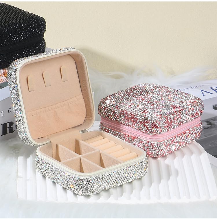 Bling Jewelry Organizer, Travel Jewelry Case Organizer Portable Small Jewelry Storage Box Shining Jewelry Holder Case Gifts for Women Teen Girls and Friends Mother's Days (Silver)