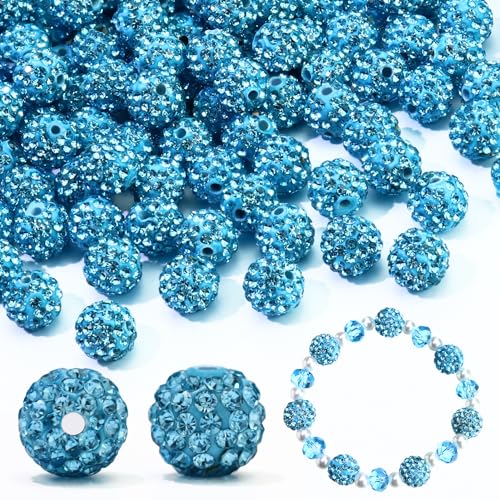 Dowarm 110PCS 10MM Rhinestone Beads for Jewelry Making, Round Polymer Clay Crystal Beads for Crafts Bracelet Necklace Earring Beaded Pen, Fancy Shamballa Disco Ball Diamond Bead - color: 10-Lake Blue | Aquamarine, size: 10MM