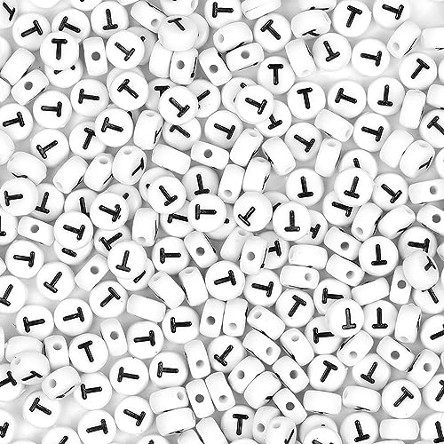 300Pcs Letter Beads T 4X7mm White Alphabet Beads Acrylic Round Shape Loose Beads for Name Bracelets Necklaces Key Chains DIY Jewelry Making (T) - color: Black, size: T
