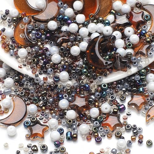 Mixed Star Moon Crystal Glass Beads Seedbeads Loose Round Pearl Beads for Jewelry Making Craft Bracelets Necklaces Earrings DIY Crafts Projects Coffee Glass Spacer Bead Kits for Crafts - color: Coffee