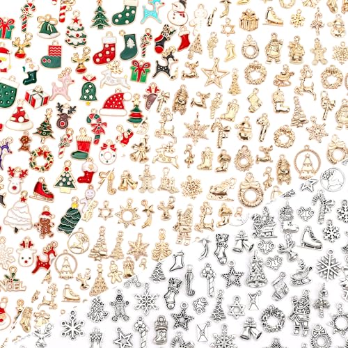 SANNIX 350Pcs Christmas Charms, Xmas Enamel Charms Mixed Bulk Antique Gold Tibetan Silver Jewelry Pendants for Bracelet Necklaces Earrings Making and Holiday Decorations - color: Christmas Assorted Color
