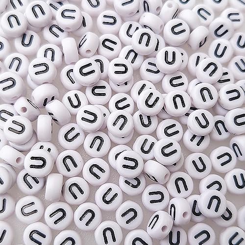 200+ Pieces 4x7mm Single Vowel U Letter Beads for Jewelry Making, White Round Acrylic Bulk Alphabet (Black on White) - size: Single letter U 200+ Pcs