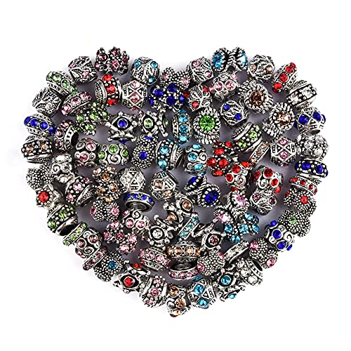 60 Pieces Assorted European Beads with Plating Silver Metal Alloy Rhinestone Large Hole Spacer Beads for DIY Charm Bracelet Jewelry Making (Inlaid Drill Alloy) - color: Inlaid Drill Alloy