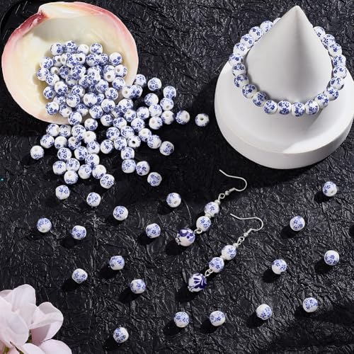 1 Box 180PCS 8MM Round Ceramic Porcelain Beads with Holes White Blue Flower Printed Floral Chinese Vintage Flowers Spacer Loose Bead for Jewelry Making Bracelets Necklaces DIY Craft Supply - color: White,blue, size: 8mm 180pcs