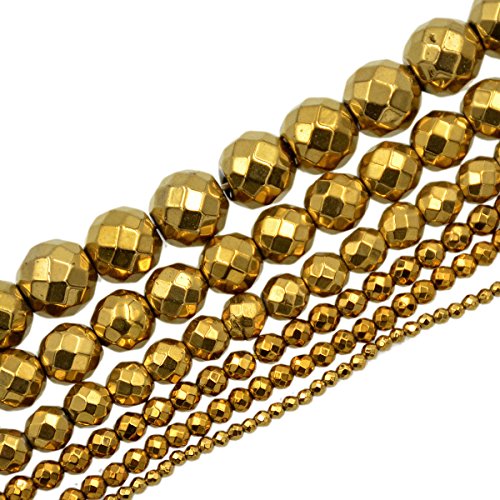 AD Beads Natural Faceted & Smooth Metallic Hematite Round Gemstone Loose Beads 16" 2mm 3mm 4mm 6mm 8mm 10mm (6mm, Metallic Gold (Faceted)) - color: Metallic Gold (Faceted), size: 6mm