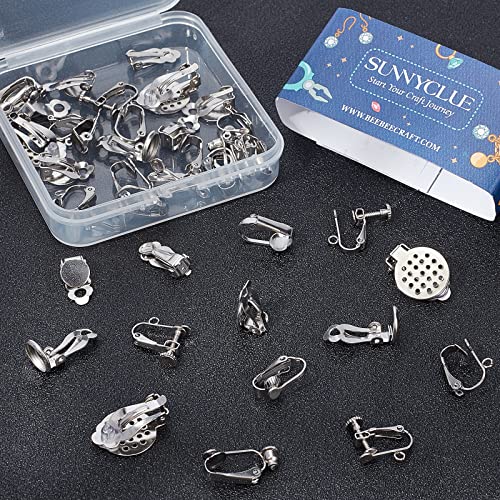 SUNNYCLUE 1 Box 36Pcs 9 Style Clip-on Earring Findings Adjustment Real Stainless Steel Screw Clip Earring Converters Findings Components for DIY Jewelry Making Crafting - color: Silver, Golden