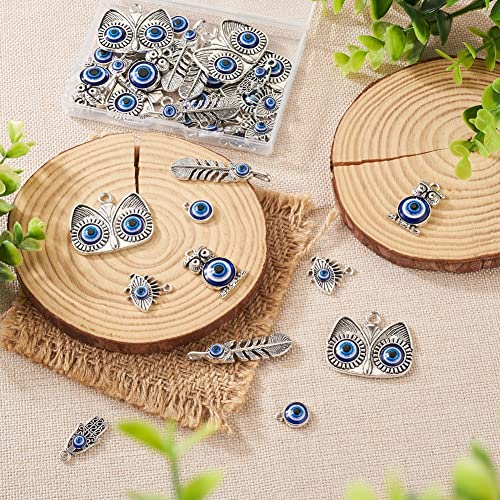 Cheriswelry Rhinestone Enamel Connectors Charm Links Evil Eye Alloy Metal Pendants Antique Silver Flat Round Hamsa Hand Owl Feather Heart Charm Pendant for Bracelet Necklace Jewelry Making - color: Antique Silver-Mixed Shapes