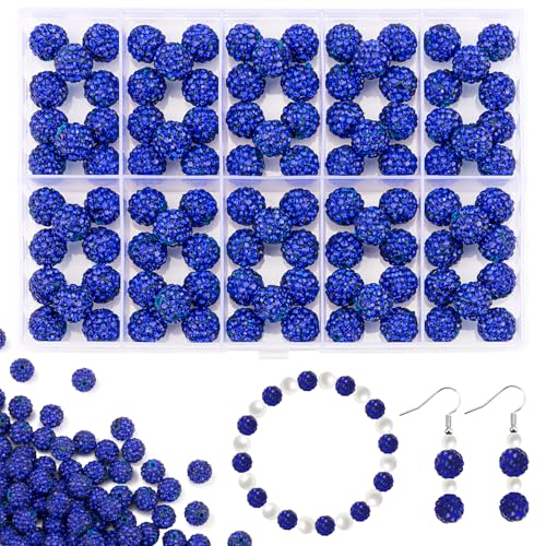 100Pcs 10mm Dark Blue Rhinestone Beads for Jewelry Making, Shiny Round Disco Ball Sparkly Crystal Clay Beads Bulk with 10-Grid Storage Box for DIY Baseball Necklaces Shamballa Bracelets - color: Deep Blue