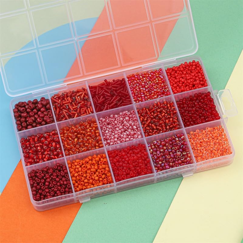 Mix 15 Color Glass Seed Tube Beads Glass Bugle Beads Loose Kit for Jewelry Making DIY Craft Beading (Mix 15 Color, Red) - color: Red