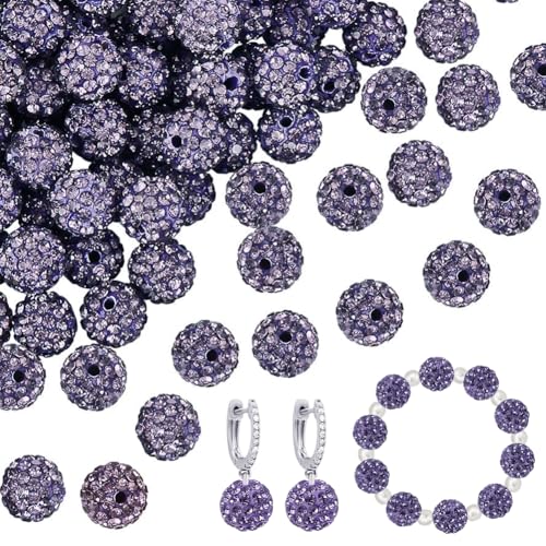PH PandaHall 100pcs Purple Polymer Clay Beads with Rhinestones, 10mm Round Disco Ball Beads for Jewelry Making - color: Purple