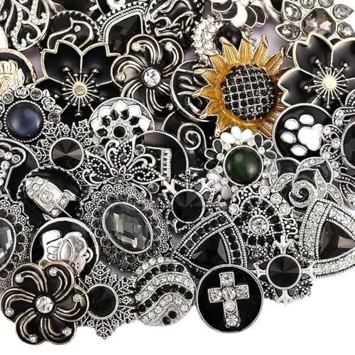 10PCs Mixed Style Rhinestones Snaps Jewelry Charms Buttons 18/20mm for Interchangeable Snaps Jewelry Making Women DIY Button Bracelets Necklaces Rings Brooch Accessories (Black) - color: Black