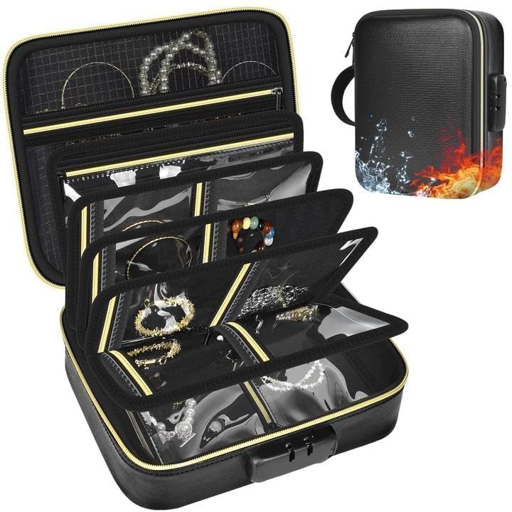 Fireproof Travel Jewelry Organizer Case with Lock, Portable Jewelry Binder with 6 Detachable Loose-leaf Pages, Clear Storage Book for Necklaces, Earrings, Rings & Bracelets (Bag Only)