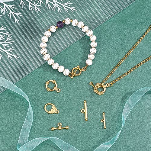 PH PandaHall 50 Sets 14K Gold Toggle Clasps, Flower Ring T-Bar Jewelry Clasps Tibetan Style Closure Gold Filled Clasp for Necklace Bracelet Jewelry Making DIY Craft, 5 Styles