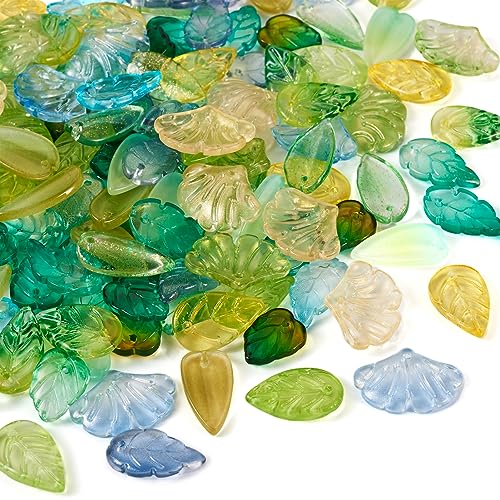 Beadthoven 150Pcs Leaf Beads 15 Styles Baking Paint Glass Pendants Transparent Green Leaf Beads Caps with Hole for Bracelet Earring Necklace Crafts Jewelry Making DIY Accessories - color: Leaf-15 Styles