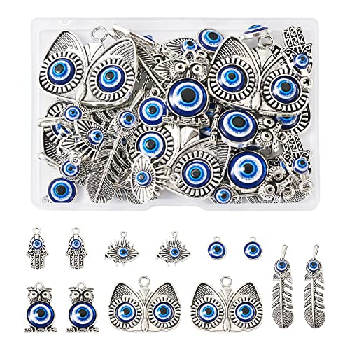 Cheriswelry Rhinestone Enamel Connectors Charm Links Evil Eye Alloy Metal Pendants Antique Silver Flat Round Hamsa Hand Owl Feather Heart Charm Pendant for Bracelet Necklace Jewelry Making - color: Antique Silver-Mixed Shapes