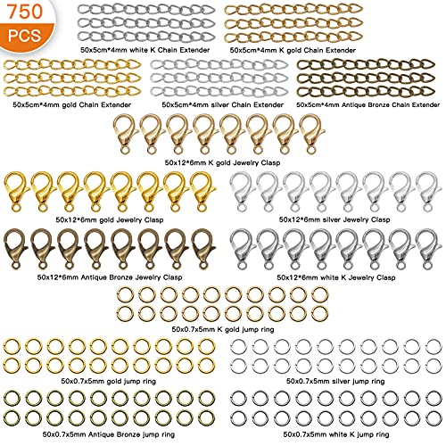 750Pcs Chain Extender Set for Jewelry Making,Necklace Bracelet Chain Extender Chains Extension Tails with Lobster Claw Clasps and Open Jump Ring for Necklaces Bracelet,Anklets,Jewelry Making Supplies - color: 750pcs Gold,Silver,KC gold,white K,Antique gre