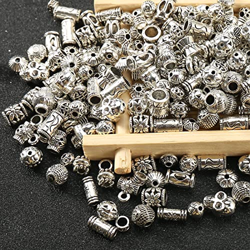 Silver Spacer Beads Metal Alloy Loose Spacer Beads Bulk Random Styles Metal Bead Tibetan Antique Silver Metal Bead for Bracelets Necklace Earring Jewelry Making(mix)