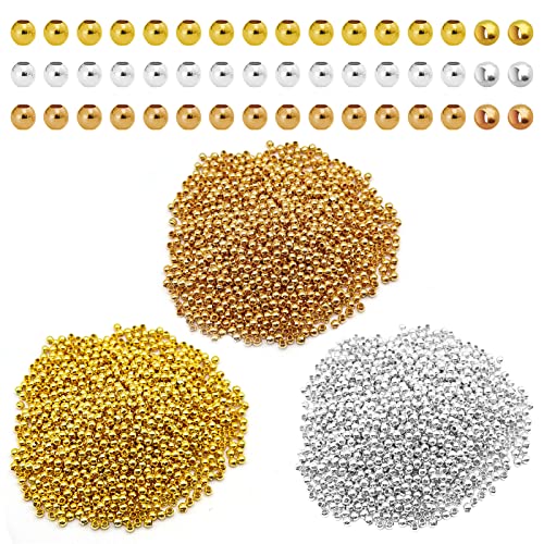 1800Pcs Metal Spacer Beads for Jewelry Making - 3.2mm Metallic Plated Round, Seamless Loose Connector Beads for Earring, Necklace, Bracelet (Gold, Silver, K Gold) - color: 3.2mm, Gold Silver K Gold