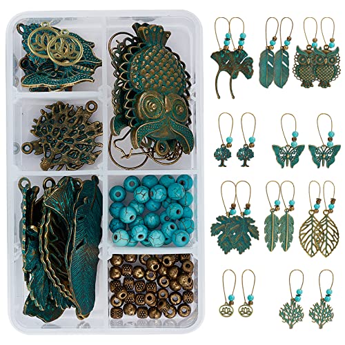 SUNNYCLUE 1 Box DIY 10 Pairs Green Patina Vintage Hollow Bohemian Dangle Earrings Making Kit Turquoise Drop Earrings Set Bronze Tree Leaf Feather Owl Charms for Jewelry Making Instruction - color: Antique Bronze and Green 1