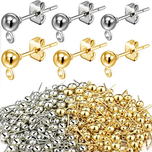 180 Pieces Ball Post Earring Stud with 200 Pieces Butterfly Back Earrings with Loop for DIY Jewelry Making Findings, 4 mm 5 mm 6 mm(Silver, Gold) - color: Silver, Gold