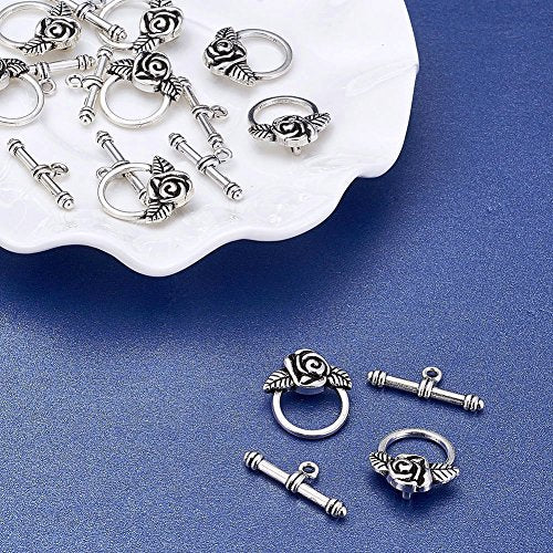 Craftdady 20 Sets Antique Silver Round Flower Toggle Clasps T Bar Closure Ring End Clasps for Bracelet Necklace Making - color: Antique Silver, 19x18mm