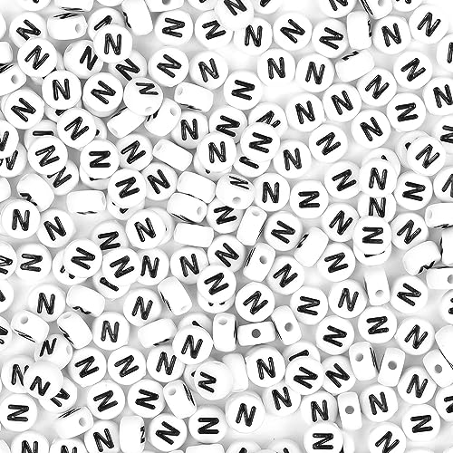 300Pcs Letter Beads N 4X7mm White Alphabet Beads Acrylic Round Shape Loose Beads for Name Bracelets Necklaces Key Chains DIY Jewelry Making (N) - color: Black, size: N