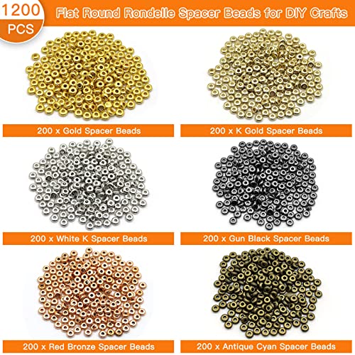 1200pcs Flat Round Rondelle Spacer Beads for DIY Crafts,6 Colors Disc Spacer Loose Beads Spacers Beads for DIY Jewelry Making,Bracelet Necklace Earring Bracelet Crafts Supplies - color: 1200pcs;Gold,K gold,White k,Gun black,Red bronze,Antique cyan