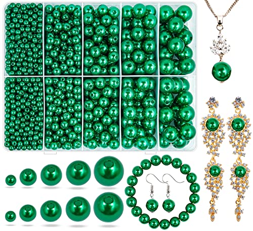 Dark Green Pearl Beads for Jewelry Making, 1750pcs Dark Green Pearl Craft Bead with Hole 4mm 6mm 8mm 10mm 12mm Loose Spacer Bead for Necklace Bracelet Earrings Wedding Dress Decor (Green-Dark) - color: Green-dark