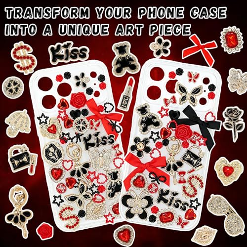 RidaaFri Junk Phone Case Charms Kit, 3D Flatback Rhinestone Gems with Red Black Bow Flower Butterfly Heart Rose, Large Charms Set for DIY Case Craft, Phone Making Supplies Women - color: Black/Red