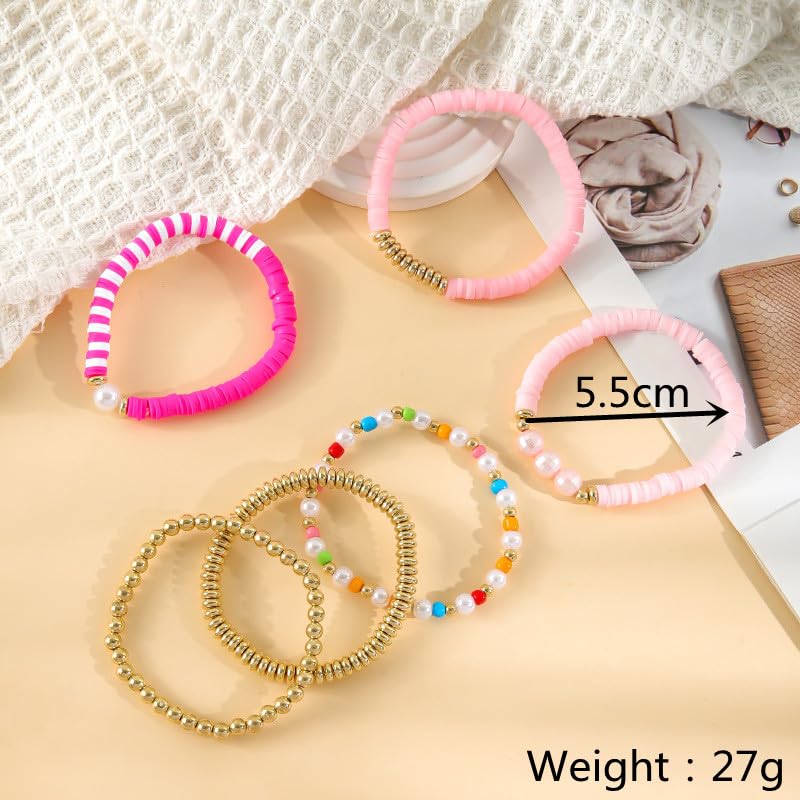 COLORFUL BLING 5-12Pcs Bohemian Love Heart Bead Bracelets for Women Vinyl Disc Heishi Surfer Stackable Stretch Bracelet Summer Beach Boho Jewelry - color: 6pcs pink pearl