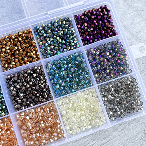 3000pcs 3mm Bicone Crystal Beads, Bulk Small Faceted Bicone Glass Beads for Jewelry Making DIY Craft Bracelet Necklace Earring with Container Box (15 Plated Metallic Colors) - size: 3mm