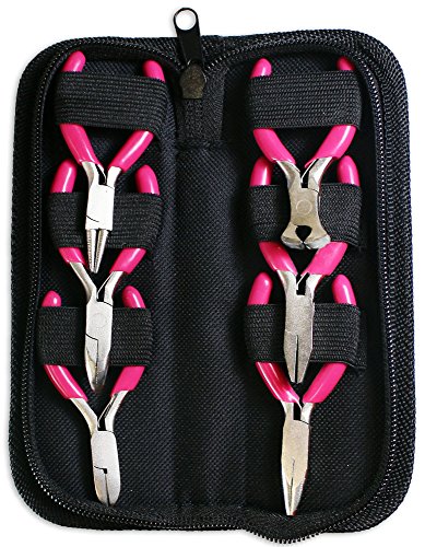 6pc Mini Plier Set | Pink Vinyl Handles | Custom Zipper Case | 3" (7.6 cm) Long | End Cutter, 2 Flat Jaws, Round Nose, Side Cutter, Curved Nose | Perfect for Ladies & Crafters