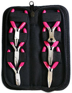 6pc Mini Plier Set | Pink Vinyl Handles | Custom Zipper Case | 3" (7.6 cm) Long | End Cutter, 2 Flat Jaws, Round Nose, Side Cutter, Curved Nose | Perfect for Ladies & Crafters