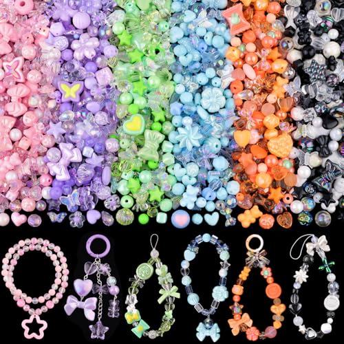 400-450PCS TINKRSTUFF Assorted Acrylic Beads, Mixed Cute Beads for Bracelet Making, Aesthetic Flower Bow Butterfly GummyBear Star Kawaii Charms for Jewelry Necklace Making DIY Keychain Phone Charm - color: 240g-6 Color Series-Purple+Green+Orange+Black+Bla