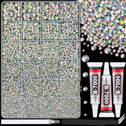 25000Pcs Resin Rhinestones with Tweezers for Bedazzling, AB 2-6mm Mixed Sizes Crystal with 3Pcs 10ml B7000 Jewelry Glue for Nail Art Makeup - color: AB, size: Large Pack + 3Pcs Glue