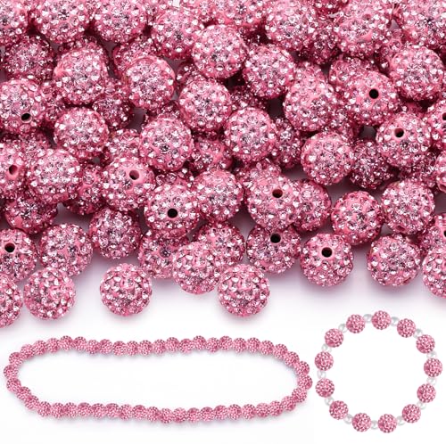 100 Pcs Dark Pink Rhinestone Beads for Jewelry Making, Sparkle Crystal Clay Christmas for Bracelet Baseball Necklace Earring Crafting and DIY, Shiny Round Shamballa Disco Ball Beads Bulk - color: Dark Pink, size: 100 pcs