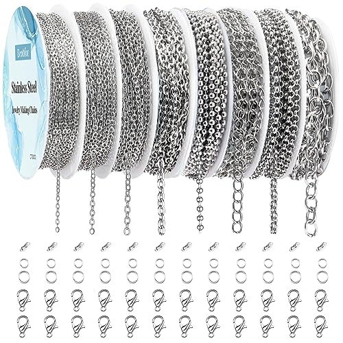 Ecoofor Necklace Chains for Jewelry Making, 62.3 Feet 8 Rolls 304 Stainless Steel Jewelry Chains for DIY Necklace Bracelet Jewelry Making with Stainless Steel Jump Rings/Lobster Clasps/Connectors - color: Silver, size: 8 Rolls