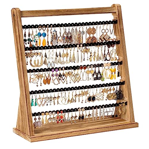 Poyilooo Earring Holder Organizer, Rustic Wood Earring Holder Stand, 5 Layer Jewelry Holder Organizer with 270 Earring Tree Holes Display Rack for Stud Earings & Hoop Earrings, Gifts for Women - color: Carbonized Brown