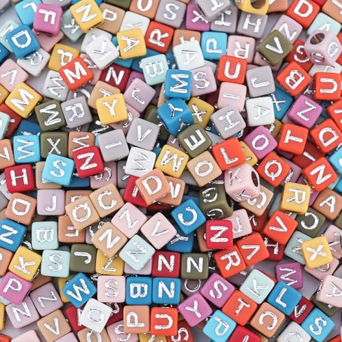 800Pcs Colorful and Silver Square Letter Beads A-Z, 6X6mm Acrylic Alphabet Beads for Necklaces Jewelry Making - color: Silver Letters Colored Beads